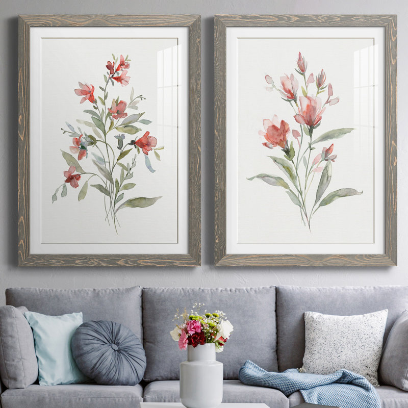 " Linen Botanical Coral III " 2 Piece Art Watercolor Print, 37.5" H x 55" W x 1.5" D, Gray Framed Paper, White