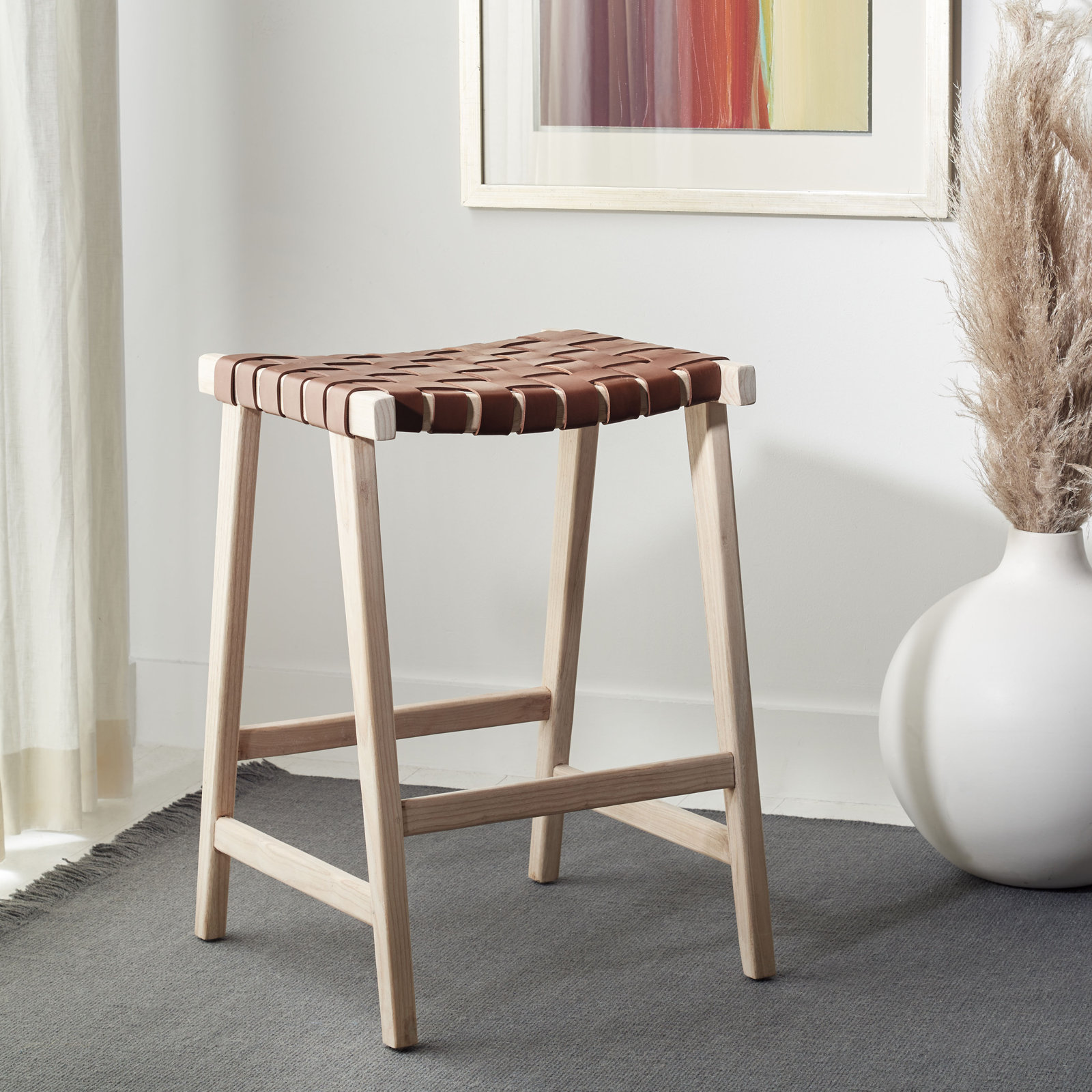 Alston Backless Leather Bar & Counter Stool, Counter Stool (26.77” Seat Height), Light Natural, Cognac