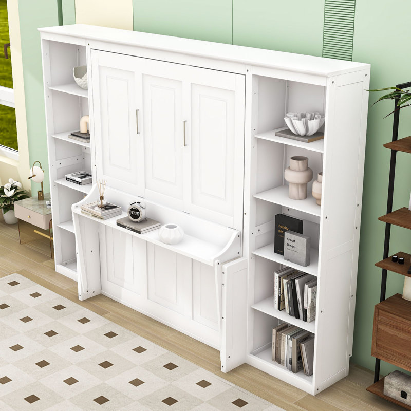 Lit escamotable avec bureau intégré et tablettes pour espaces de vie compacts, Double, Blanc