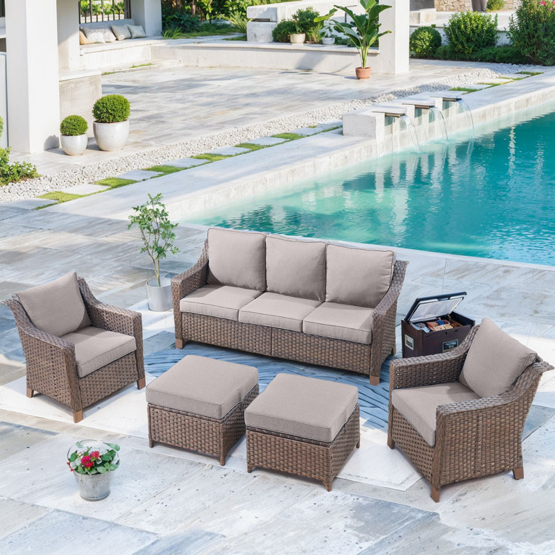 Jenesys Outdoor Wicker Sofa Set With Club Chairs & Ottomans - Comfortable, Durable For Patios & Gardens, Gray