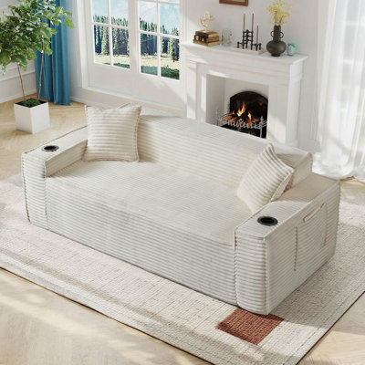 Boneless 80'' W Oversized Foam Sofa with Pillows, Compression Loveseat Corduroy 3-Seater Sofa Upholstered Couch with 2 Cup Holders for Living Room, Bedroom, Apartment, Office