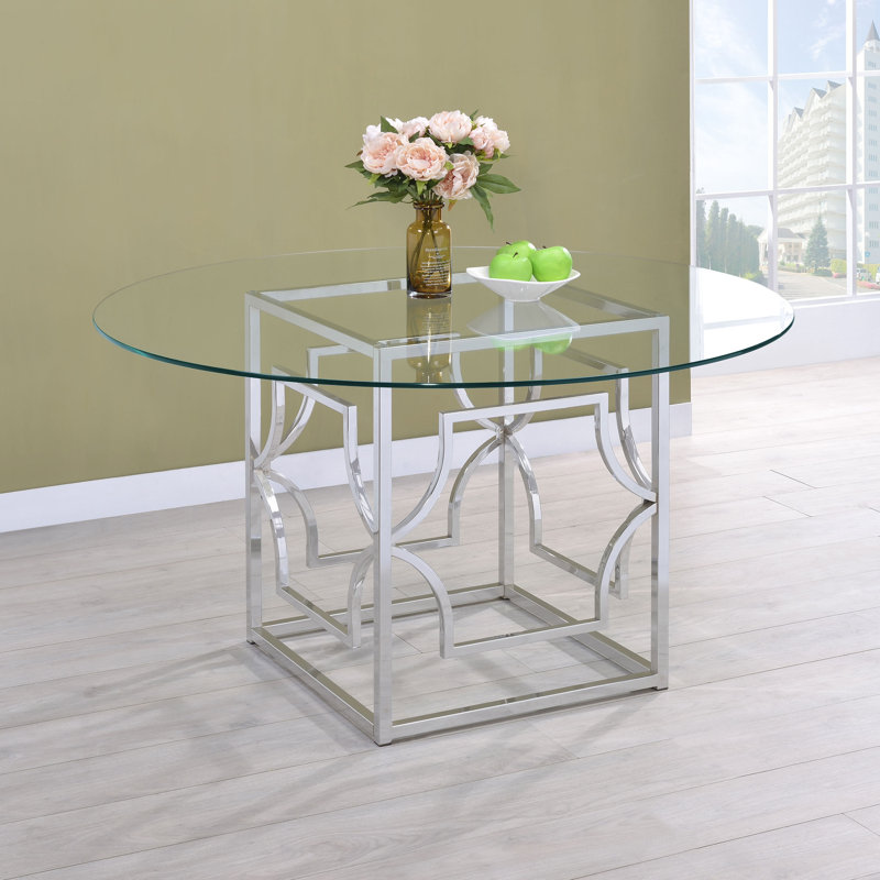 Round Glass Top Metal Base Dining Table, Silver