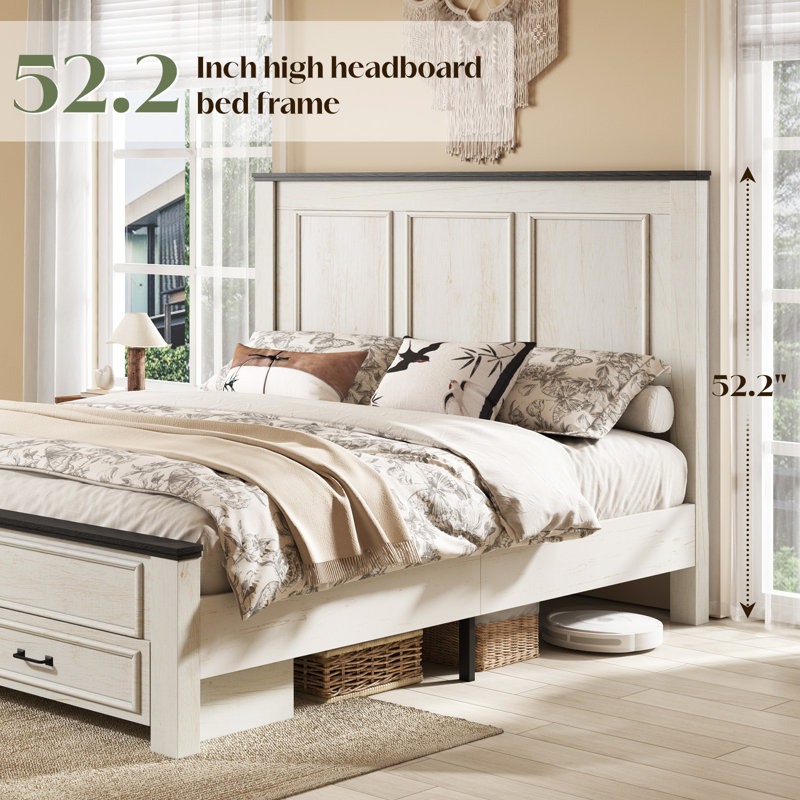Grand cadre de lit de ferme avec tiroirs de rangement H 52 po Revan, blanc, Grand lit, Blanc