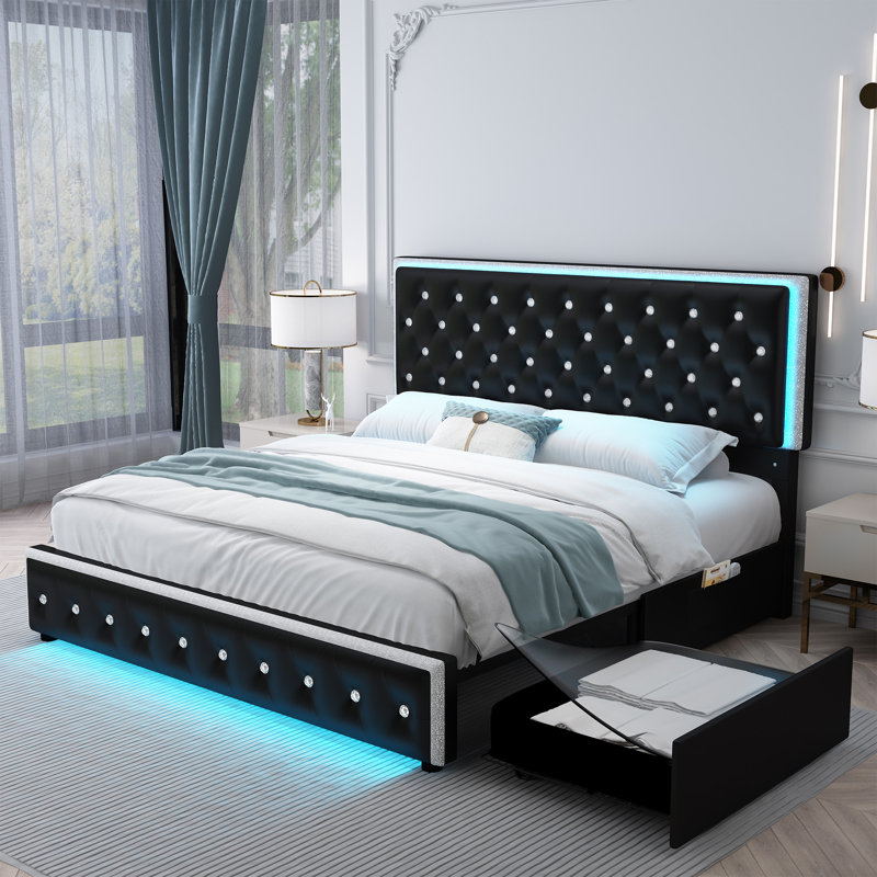 Structure de lit tapissier Kendrall avec 2 tiroirs de rangement et éclairage DEL, Grand, Noir