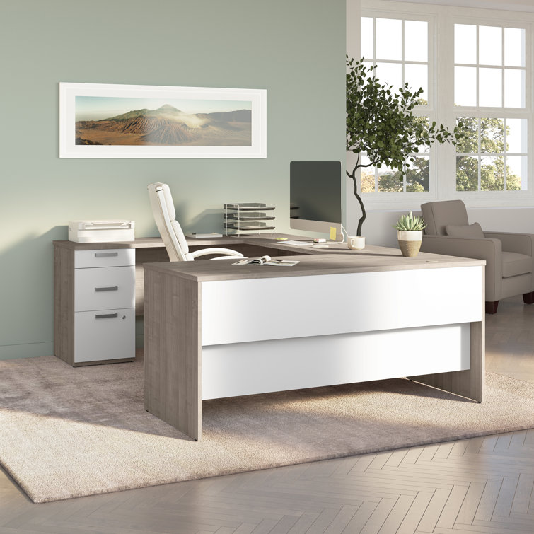 Polare Single Large Professional Desk for Workspace or Home Office, White  and Natural Oak