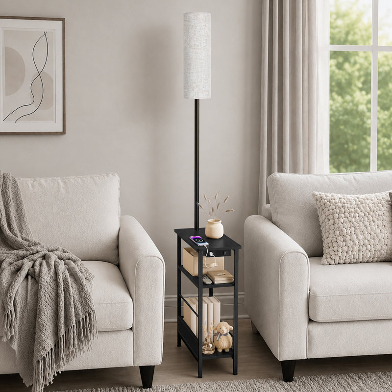 158 H cm Powder Coated Tray Table Floor Lamp, Black