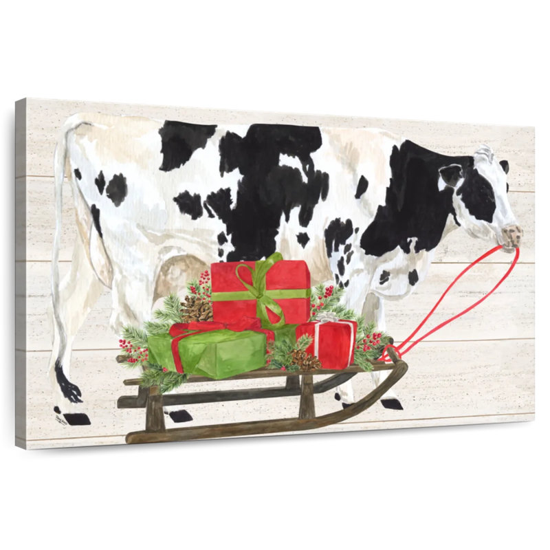 Noël à la ferme I - Vache avec traîneau, H 34 po x l 51 po