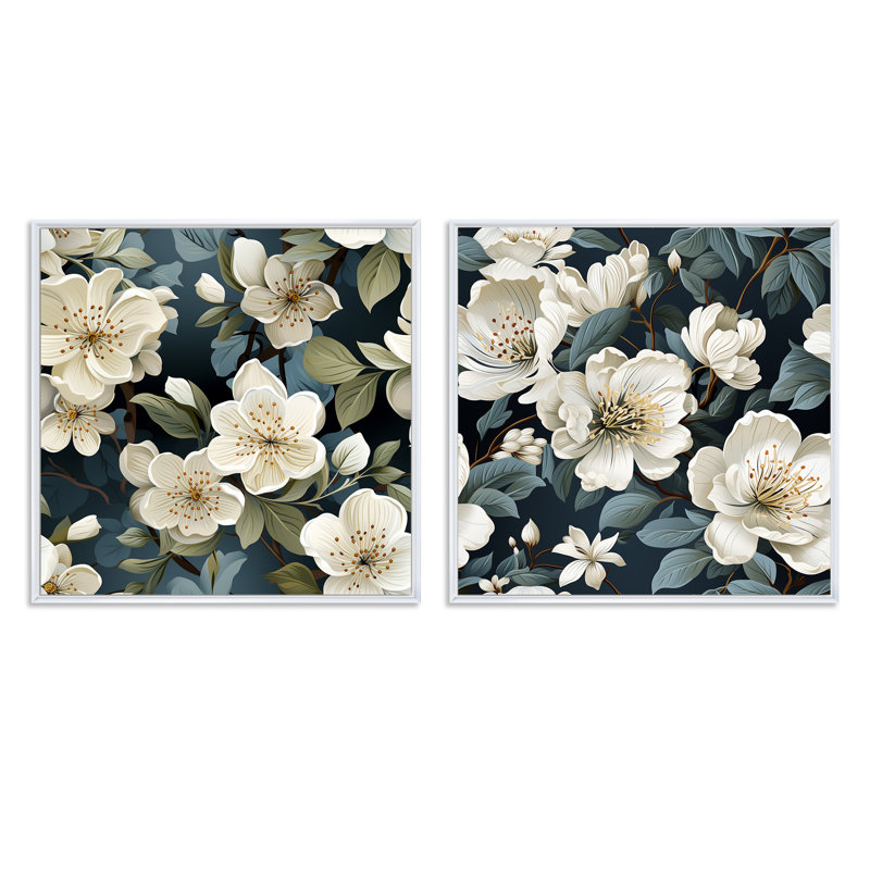 Ensemble de 2 carrés gris et orchidées en fleurs, Cadre flottant blanc, H 16 po x l 33 po