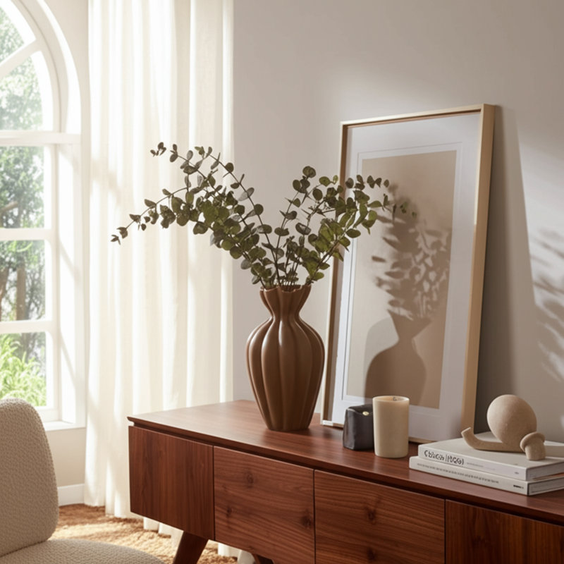 Vase décoratif en grès avec des contours organiques sculptés et un bord cannelé, un accent en céramique fabriqué à la main avec une silhouette incurvée et des rainures verticales texturées pour un affichage de style contemporain