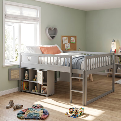 Cubby Low Loft Kids Bed with Storage Shelf and Cabinet