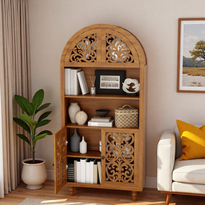 Vintage Arched Carved Wood Bookcase With Open Display Shelves, Enclosed Storage Compartments And Hollow-carved Doors