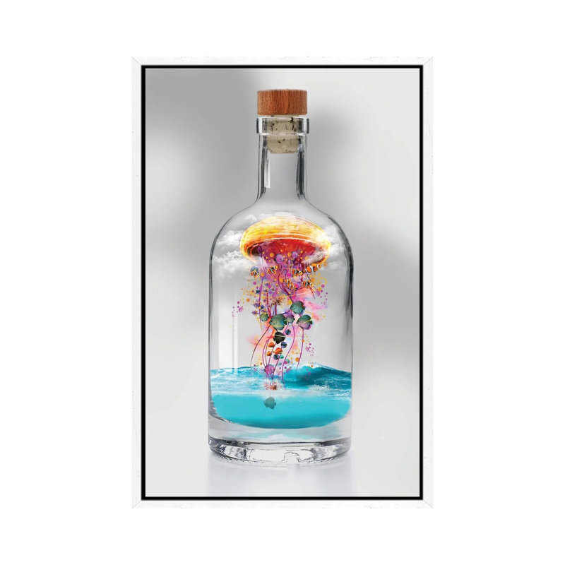 Electric Jellyfish in a Bottle 1 Piece Wall Art on Canvas, 66.04cm H x 45.72cm W x 3.81cm D, White Framed