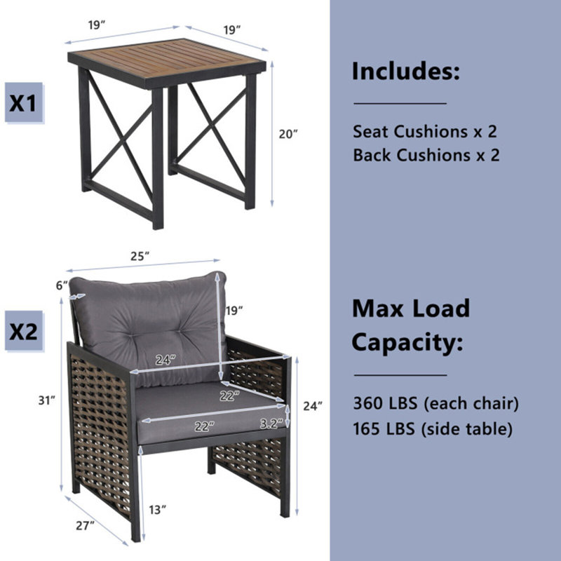 Ensemble de conversation pour 2 personnes avec coussins Lura Metal, gris