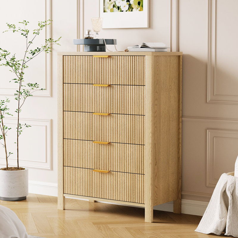 Fluted 5 Drawers Dresser for Bedroom, 44 Inches Tall Wood Chest of Drawers for Clothes, Modern Slim Dresser Organizer with Metal Handles & Deep Drawers for Living Room, Hallway, Entryway