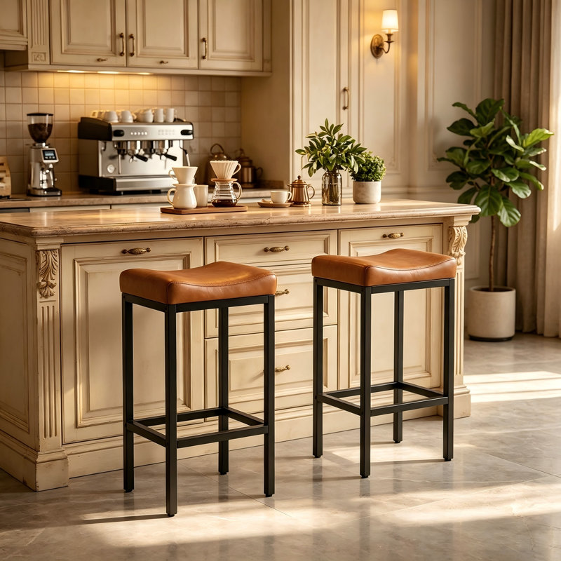 Bar Stools Set Of 2, 24 Inch Backless Counter Height Bar Stools With Soft Leather Seat, 300 Lb Heavy Duty Padded Saddle Barstool Chair For Modern Kitchen Island Counter