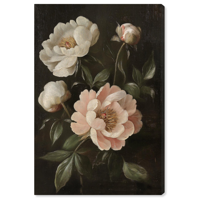 Pivoines blanches sur fond foncé II , H 54 po x l 36 po, Toile tendue avec châssis