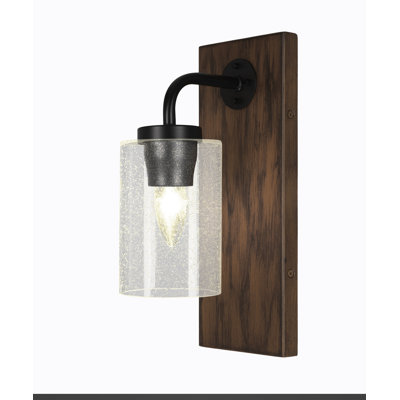 Oxbridge Wall Sconce Shown In Matte Black & Painted Distressed Wood-look Metal Finish With 4" Clear Bubble Glass