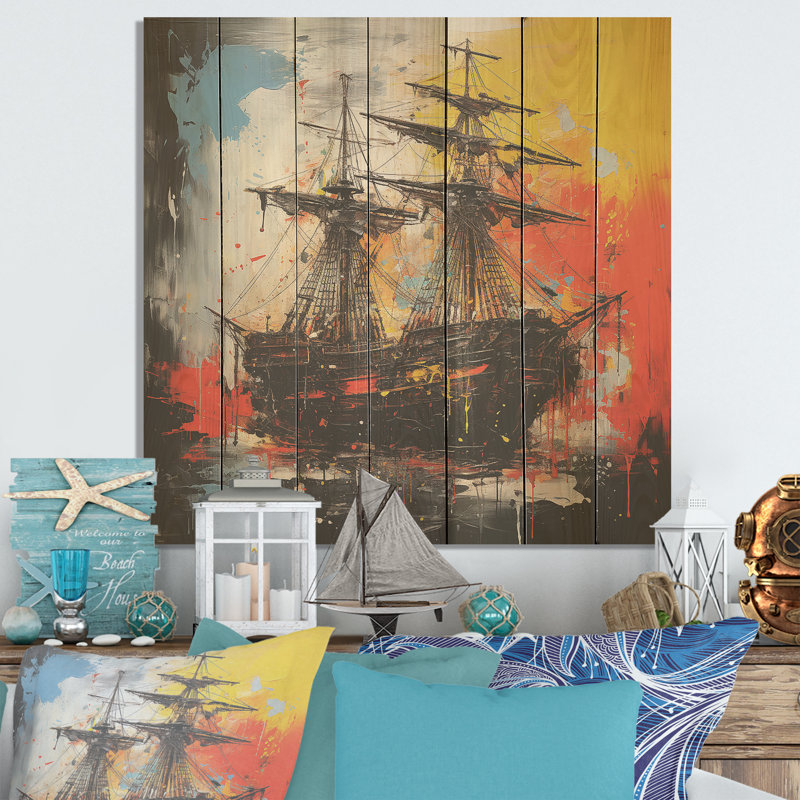 Popart Pirate Ship Sunset - pirate sur bois, H 25 po x l 25 po