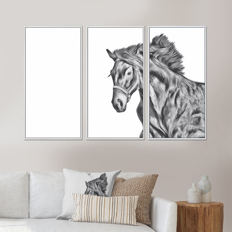 Portrait d'un cheval - ensemble d'art mural sur toile traditionnel encadré de 3, L 36 po x H 28 po x P 1 po, Blanc
