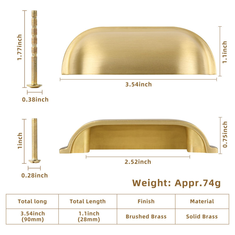 Ensemble de 5 poignées de tiroir pour armoire de cuisine en or brossé mat, petits boutons de tasse en laiton massif de 2 1/2 po pour garde-robe, poignées de porte de coiffeuse de commode classique, quincaillerie de meuble