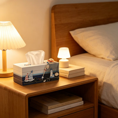Wooden Tissue Box Cover, Beach Style Napkin Holder for Table, Rectangle Paper Towel Storage Case for Home, Office, and Hotel Decor, 9.45 x 4.72 x 3.94 Inches