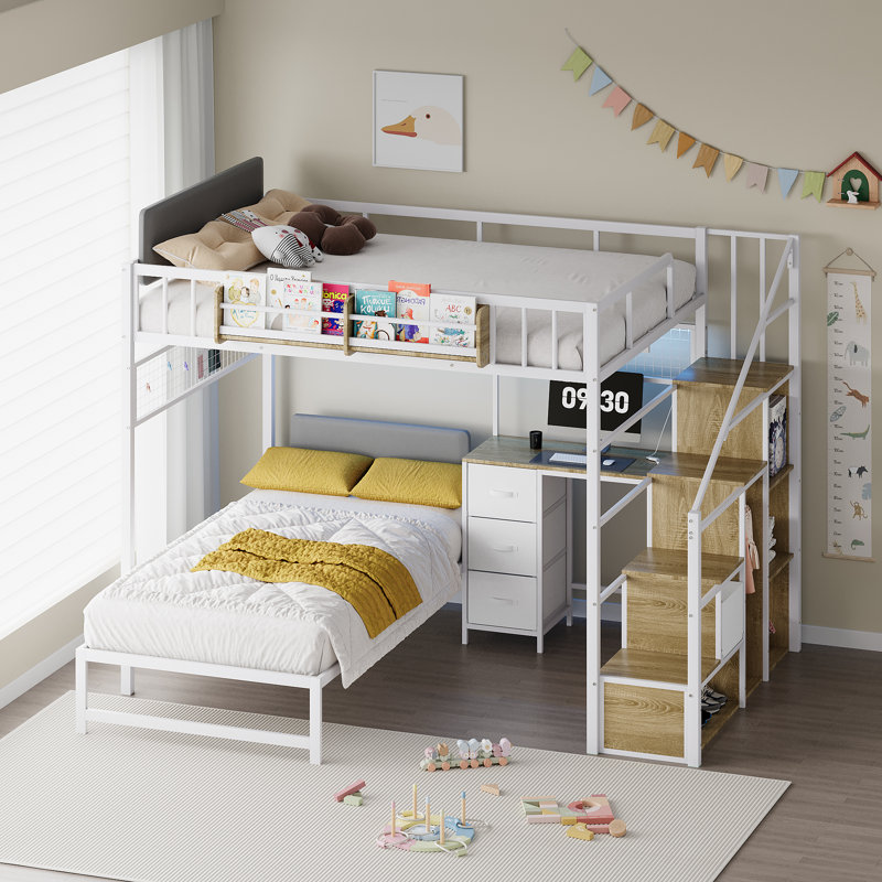 Loft Bunk Bed with Desk, Stairs, Drawers and Storage Shelves, L-Shaped Metal Bunk Bed with Charging Station and LED Light