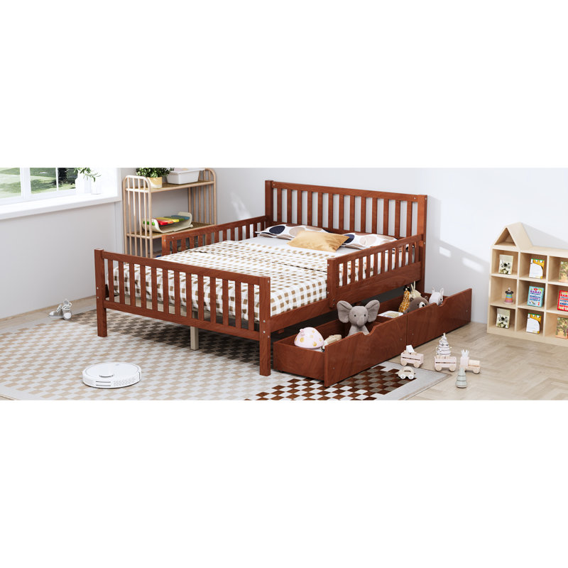 Lit plateforme en bois de noyer pleine grandeur avec garde-corps et deux tiroirs pour le rangement de la chambre à coucher, finition lisse, stabilité à 8 lattes avec les deux tiroirs de rangement latéraux, contreplaqué robuste, sommeil sécuritaire et confortable