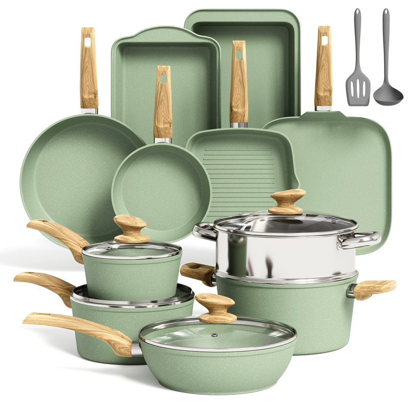17 - Piece Non-Stick Aluminum Cookware Set, Green/Natural