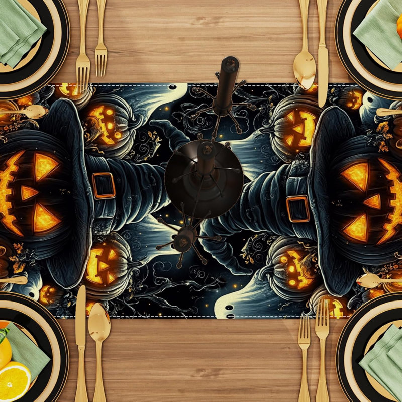 Chemin de table noir citrouille fantôme Halloween, 60" L