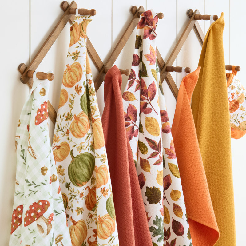 MARTHA STEWART Autumn Harvest Falling Leaves Kitchen Towel 3-Pack Set, 100% Cotton with Absorbent Terrycloth, Decorative Kitchen Towels, Tan/Red/Green, 16"x28"