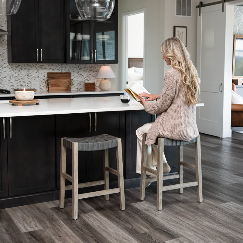 Maven Lane Emerson Kitchen Stool with Faux Leather Upholstery, Weathered Gray, Counter Stool (26" Seat Height)