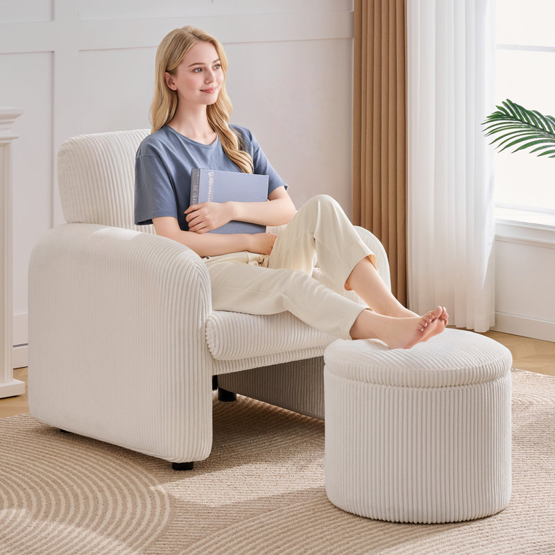 Round Corduroy Storage Ottoman with Reversible Tray Lid, White