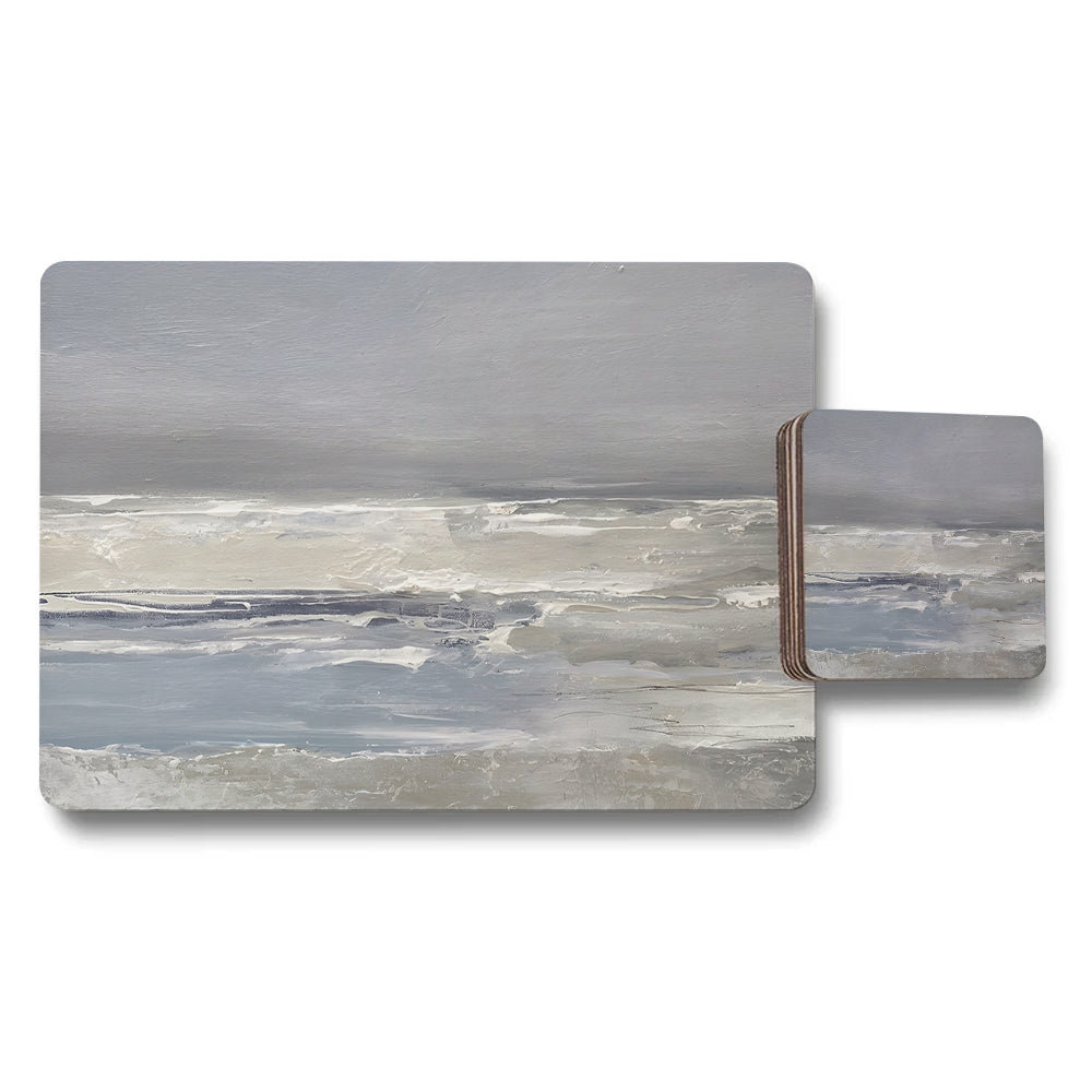 Coastal Abstract Placemat and Coaster Set in Ocean Blue Gray