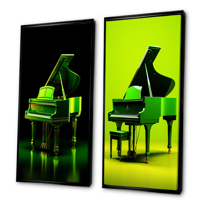 Green Pop Art Piano - ensemble de 2 reproductions d'art mural, Cadre flottant noir, H 28 po x l 25 po