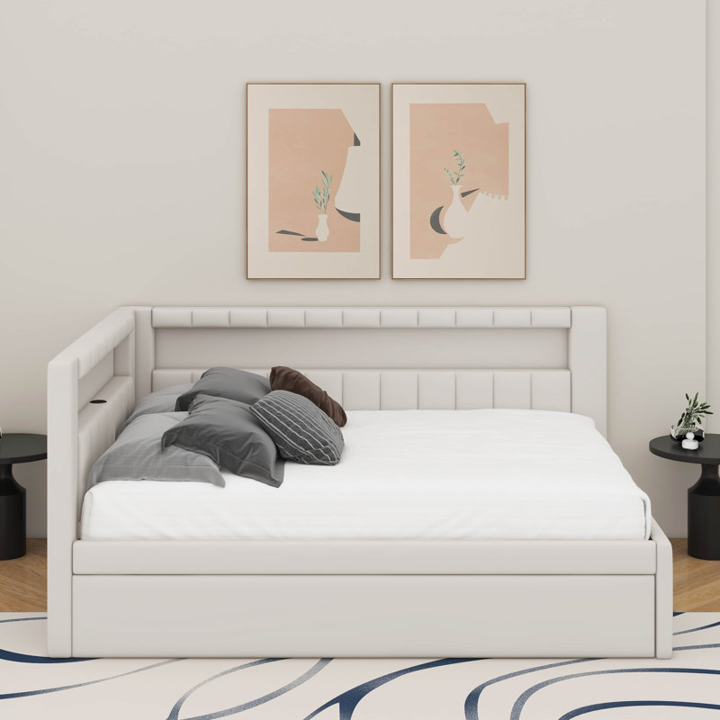 Full Size Platform Bed With USB And Trundle, Pink