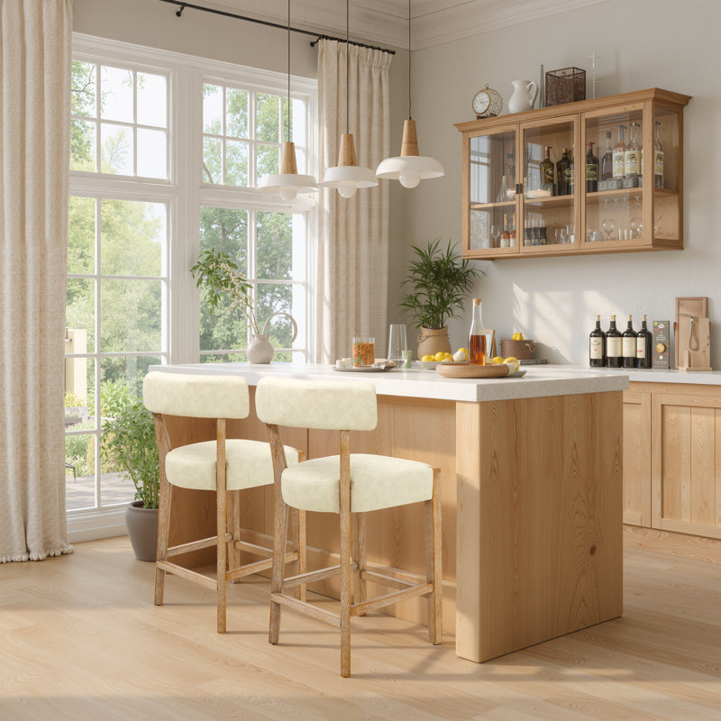 Tabouret de bar 26 po Mid-Century, Similicuir beige / cadre naturel, 2