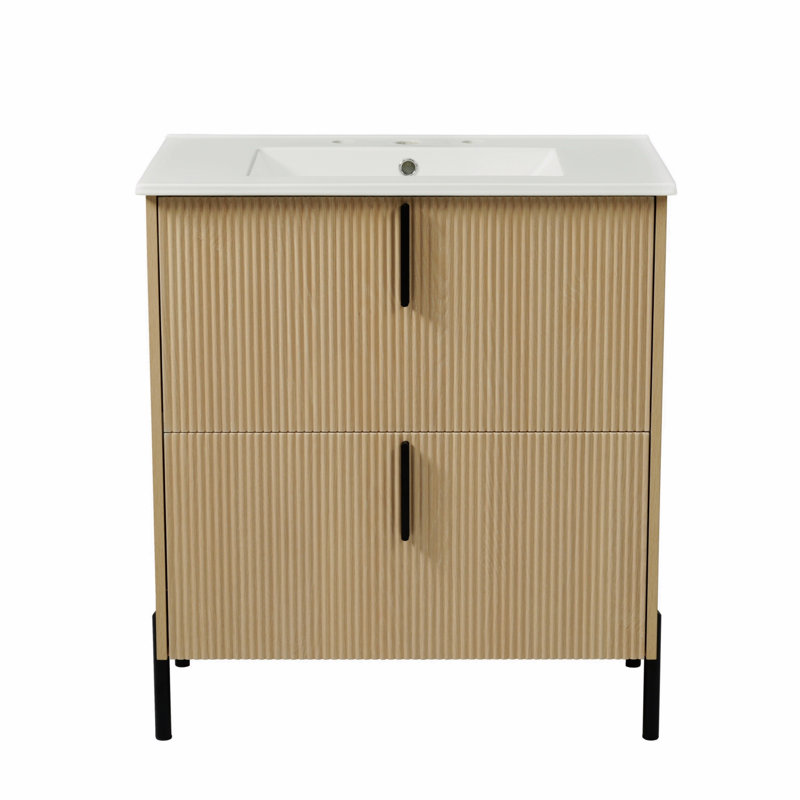 30" Bathroom Vanity With Ceramic Sink And Full-Extension Drawers, Soft Close Undermount Drawer Slides, Fluted Design, Brown