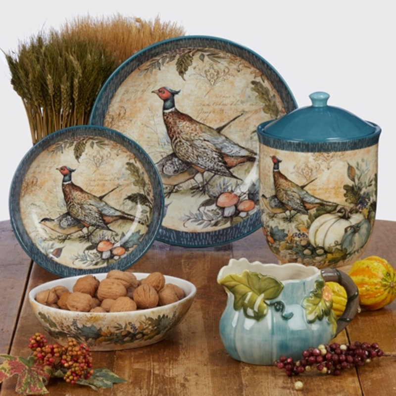 Harvest Gatherings Rectangular Ceramic Platter with Teal and White Pumpkins