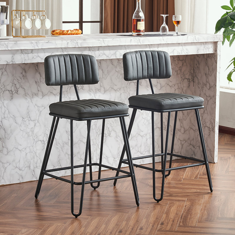 Bar Stools Set of 2 with PU Leather Upholstery and Metal Frame, Gray