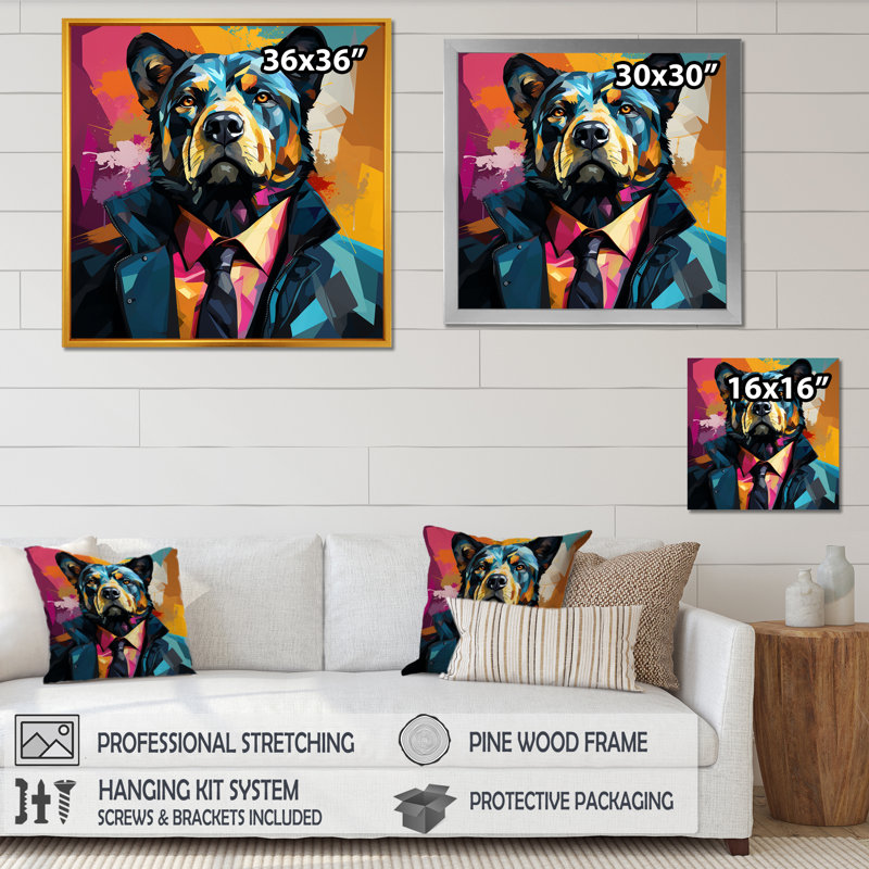Portrait d'un ours en costume, Cadre flottant doré, H 36 po x l 36 po x P 1,5 po