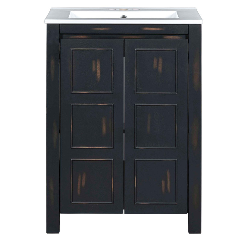 Petit meuble-lavabo de style rétro avec lavabo en céramique et 2 portes à fermeture en douceur