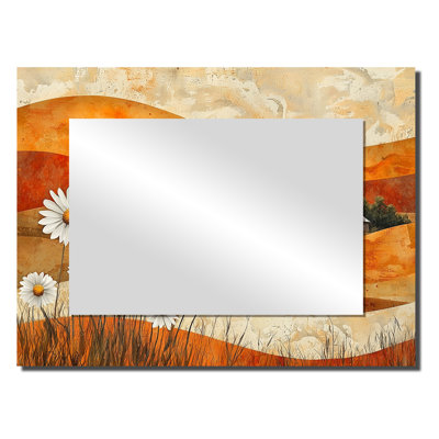«Daisies Flowers Barn Bold Landscape I», art mural miroir floral, imprimé sur métal