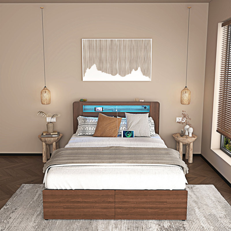 Structure de lit plateforme en bois rustique avec rangement et éclairage DEL, Lit double