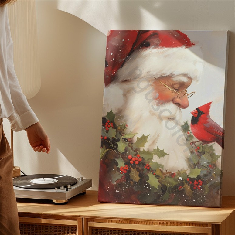 La toile crée une scène festive chaleureuse mettant en vedette une figure joyeuse avec une décoration murale, une barbe blanche moelleuse et un chapeau de père Noël rouge orné d'art mural moderne sur toile