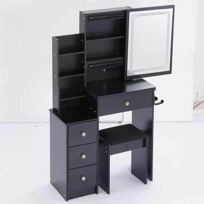 Petite coiffeuse 29,2 "+ tabouret rembourré, Noir