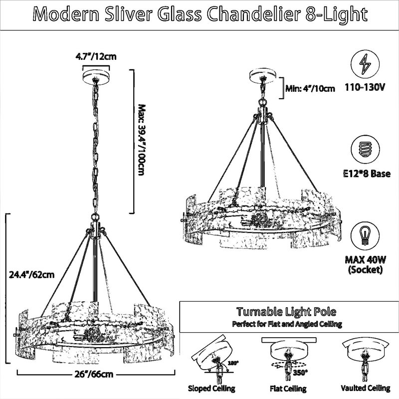 Lustre tambour moderne 26 lumières 8 pouces, luminaire suspendu en verre argenté, hauteur réglable pour salle à manger, salon, îlot de cuisine, bureau