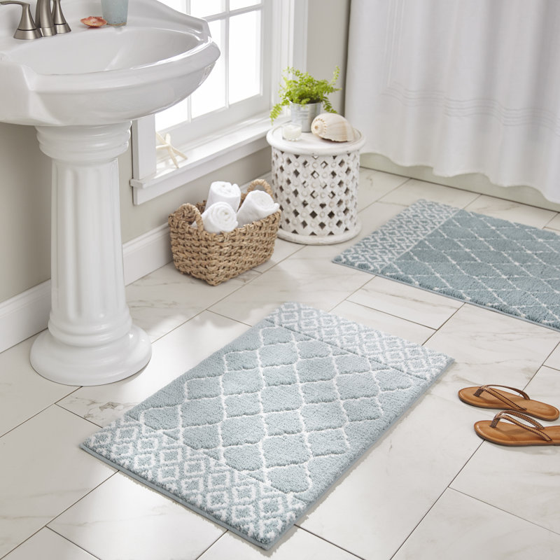 Ensemble de tapis rectangulaires antidérapant à motif géométrique pour salle de bain Woodcreek, Mer