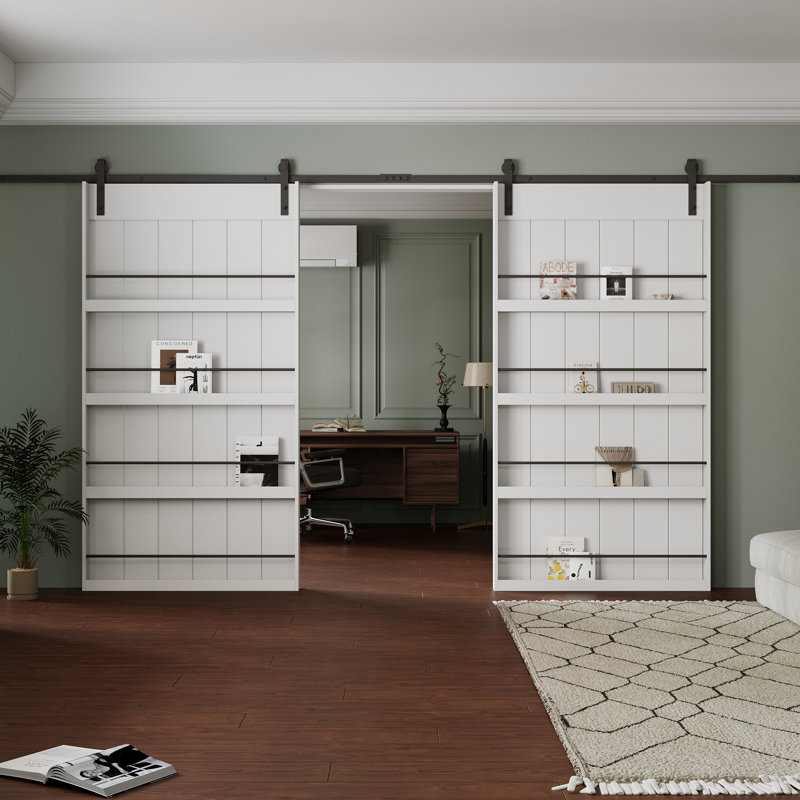 Four Shelf Double Primed Sliding Barn Door With Mounting Hardware Kit（Bookshelf Style）, 84" x 84"