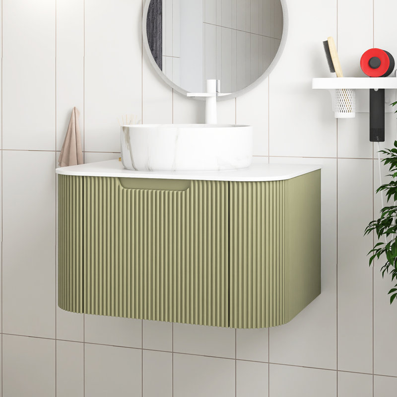 Meuble-lavabo mural avec plateau et tiroir, Vert, Marbre, 24"