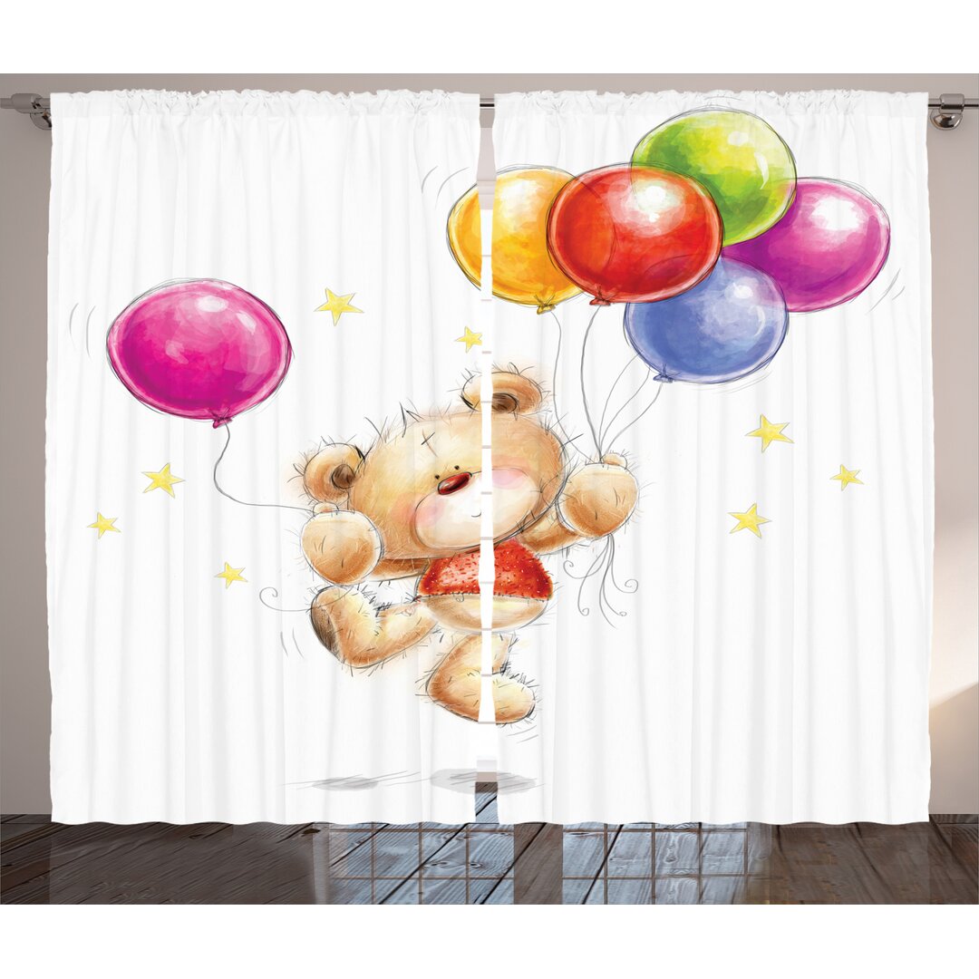 Rustikaler Vorhang, Teddybär mit Baloon, Bunt, Mehrfarbig